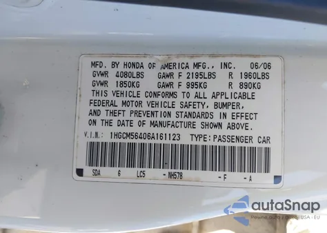 2006 Honda Accord 2.4 Lx z USA, uszkodzony, nr VIN 1HGCM56406A161123